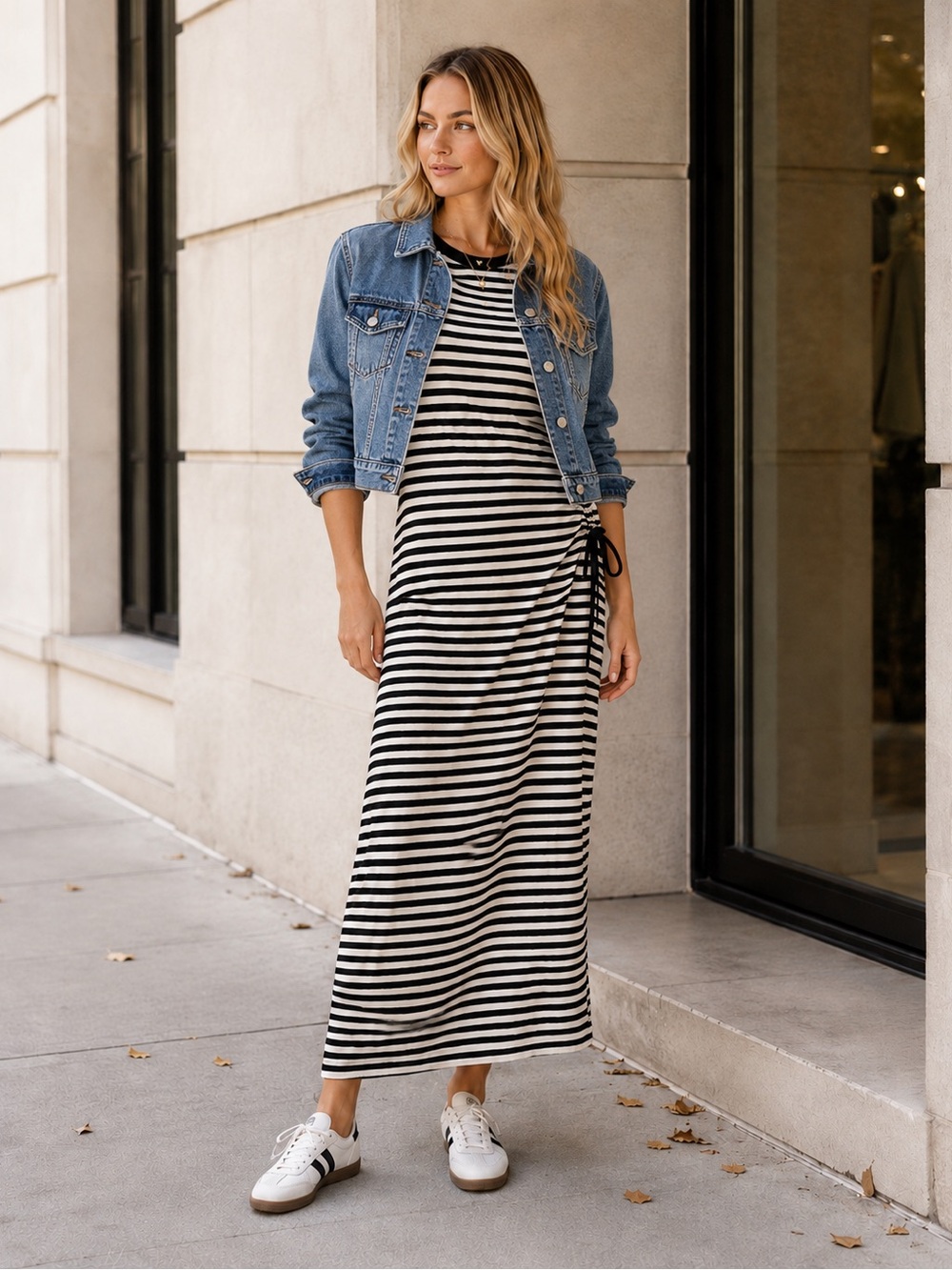 Theory Black & White Striped Side-Tie Maxi Dress